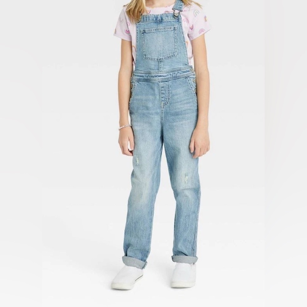 Cat & Jack Girls' Jean Denim Overalls Jumpsuit Straight Leg, Light Wash Sz L